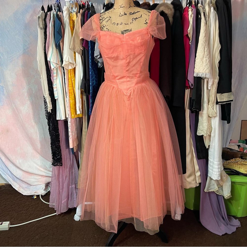 Vintage 1950s Alfred Angelo Coral Cupcake Dress with sweetheart neckline size M